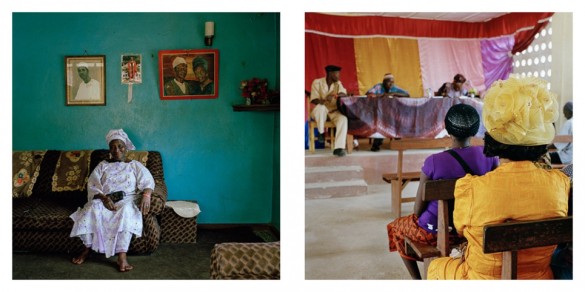 LEFT: Mrs Yalmamie Sesay, the 'Mamie Queen' of Kissy Brook in the east end of Freetown, sits beneath portraits of her late husband in the living room of the apartment he built. RIGHT: A 'local court', which hears matters of customary law, sits in Makeni, Sierra Leone. © 2013 Aubrey Wade. All rights reserved.