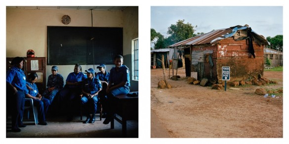 LEFT: Women police officers gathered at the divisional headquarters and central police station in Makeni, Sierra Leone. RIGHT: The police post in Tokeh, Western Area, Sierra Leone. On its wall a notice reads: 'The penalty for urinating here is Le5000' © 2013 Aubrey Wade. All rights reserved.