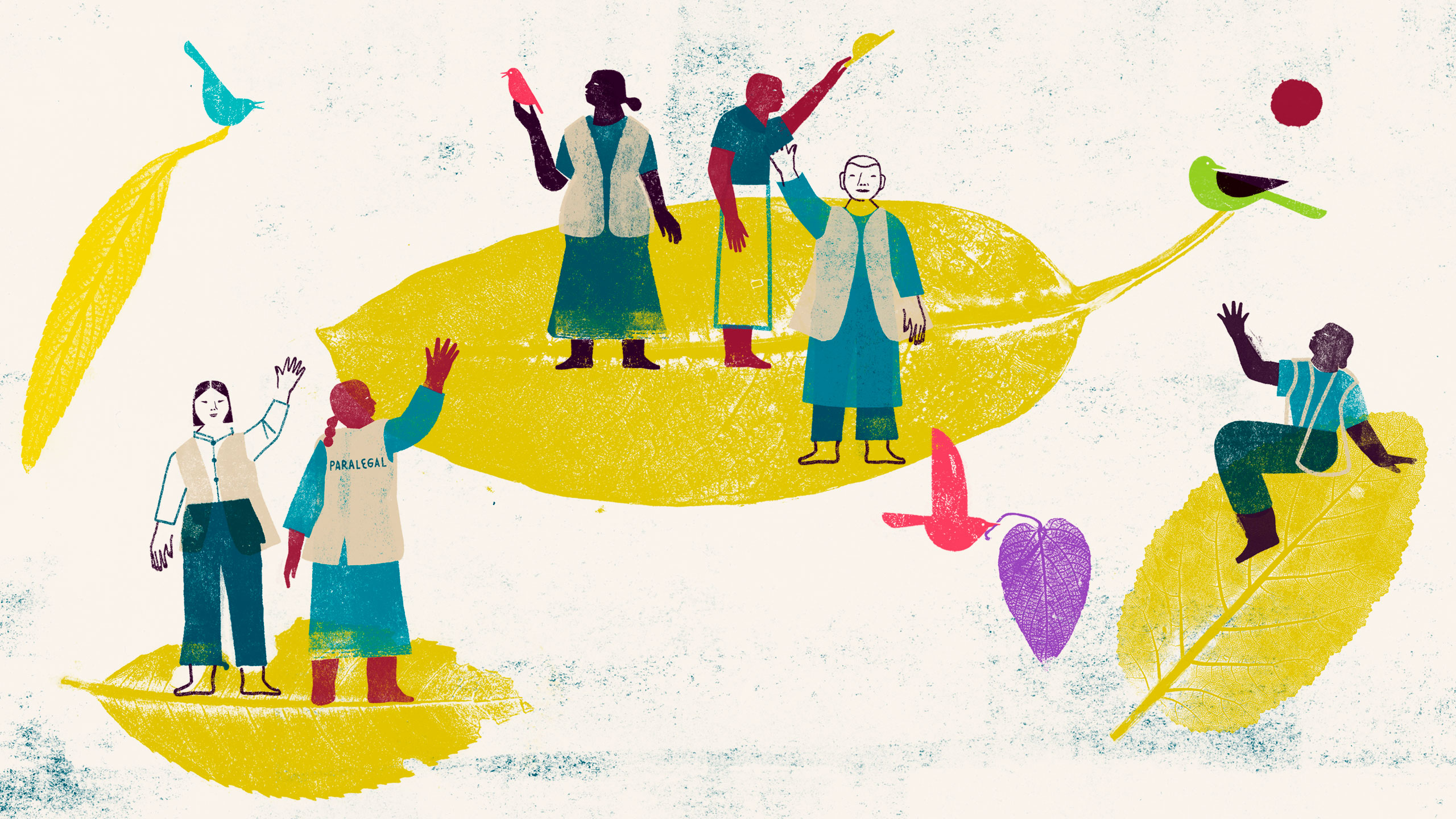 Illustration of six paralegals sitting on three different leaves waving to each other surrounded by birds.